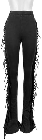 BOKITECAO Womens Mid Waist Fringed Cotton Pants