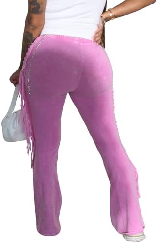 BOKITECAO Womens Mid Waist Fringed Cotton Pants