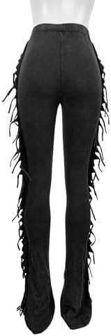 BOKITECAO Womens Mid Waist Fringed Cotton Pants