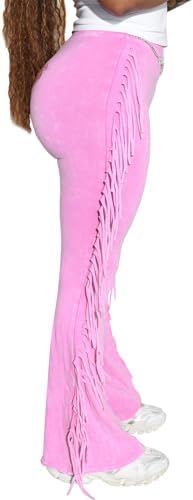 BOKITECAO Womens Mid Waist Fringed Cotton Pants