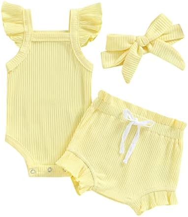 Merqwadd Baby Girl Summer Ruffle Outfit - Cute Projections Top Shorts with Headband