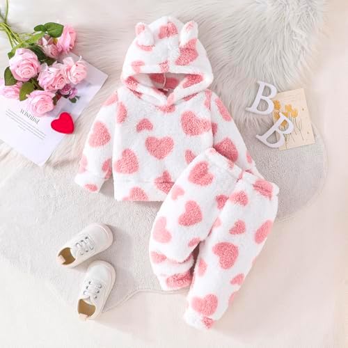 Adorable Heart Print Fleece Tracksuit Set for Toddler Girls