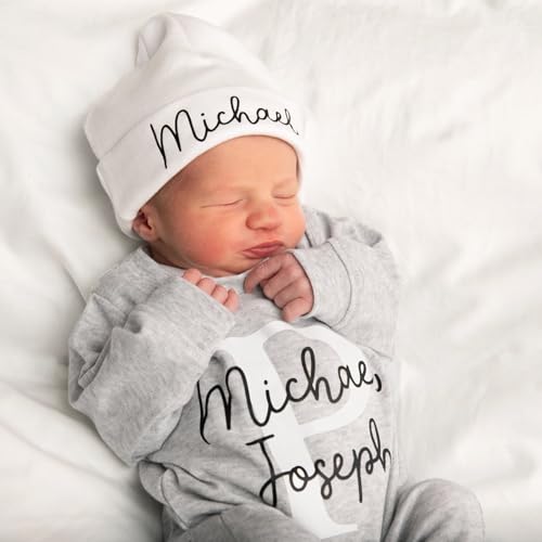 Custom Personalized Newborn Baby Romper Set with Monogrammed Hat and Sleeper