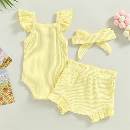 Merqwadd Baby Girl Summer Ruffle Outfit - Cute Projections Top Shorts with Headband