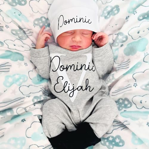 Custom Personalized Newborn Baby Romper Set with Monogrammed Hat and Sleeper