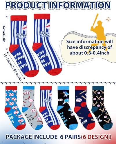 Haysandy 6-Pair Novelty Kids Baseball Socks Ages 8-12