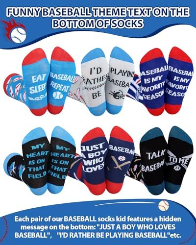 Haysandy 6-Pair Novelty Kids Baseball Socks Ages 8-12