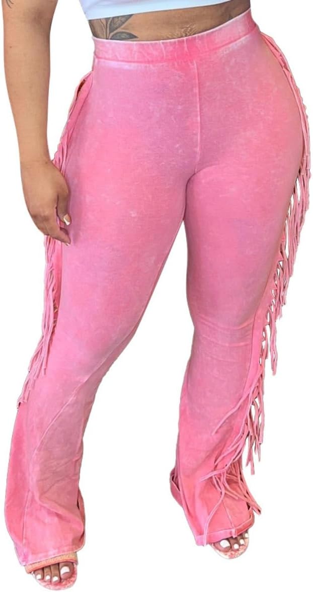 BOKITECAO Womens Mid Waist Fringed Cotton Pants