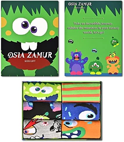 Funny Monster Crew Socks 6 Pair Gift Box for Kids Teens
