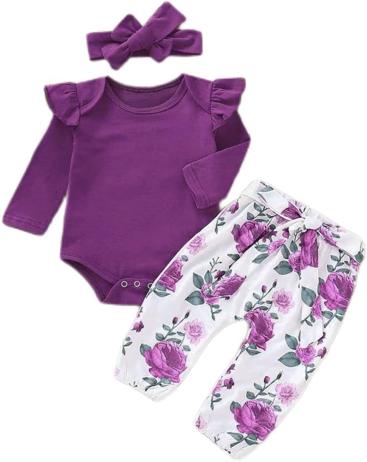 Aoswep Newborn Baby Girl Ruffle Romper Set with Floral Pants and Headband