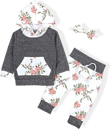 Perfect for Baby Girls Cute Floral Hoodie Pants Set with Headband