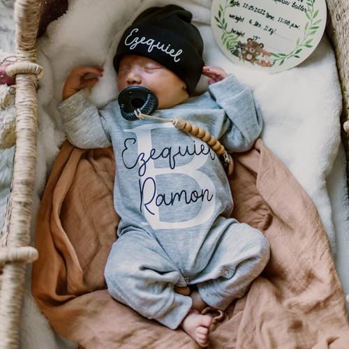 Custom Personalized Newborn Baby Romper Set with Monogrammed Hat and Sleeper