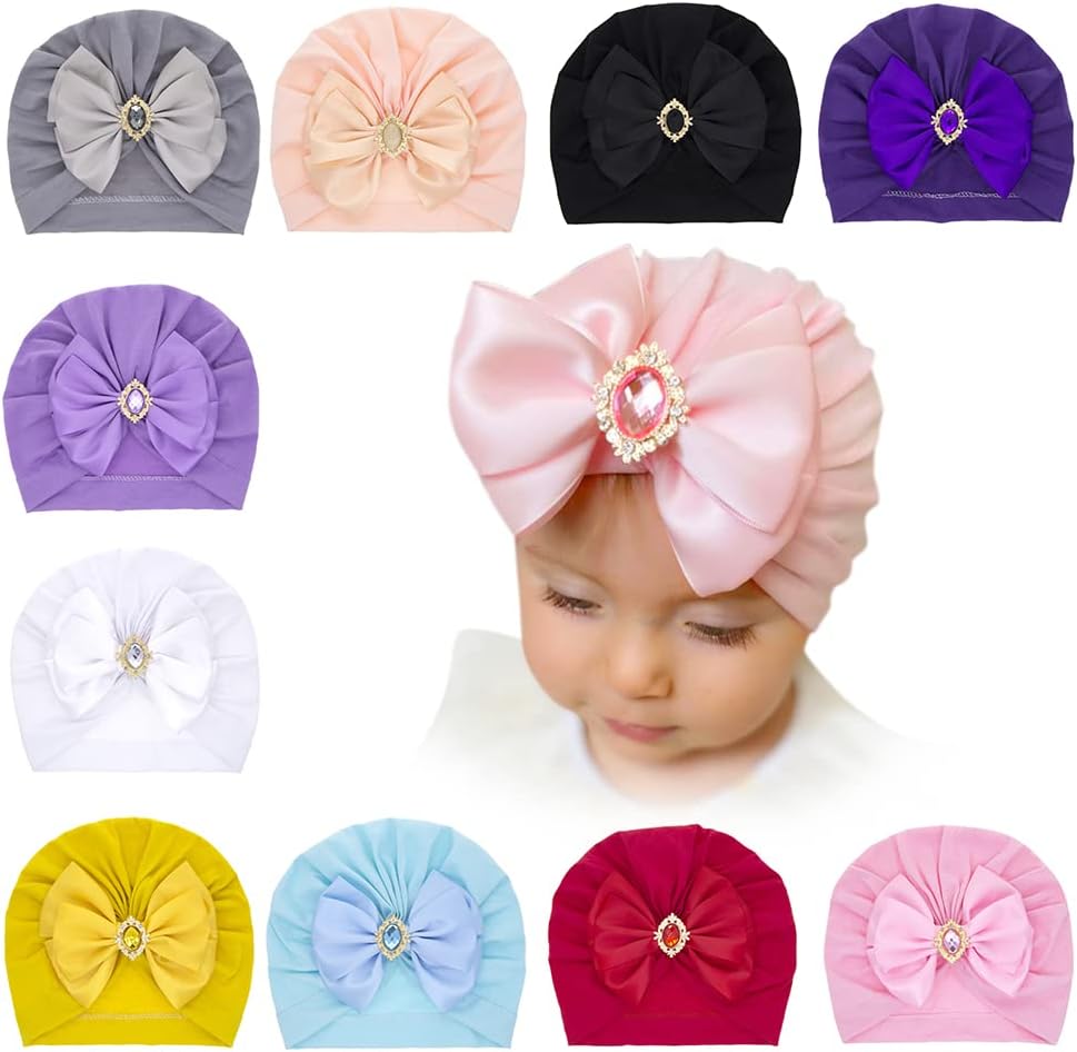 EUBUY Baby Turban Hat Rhinestone Bow Red