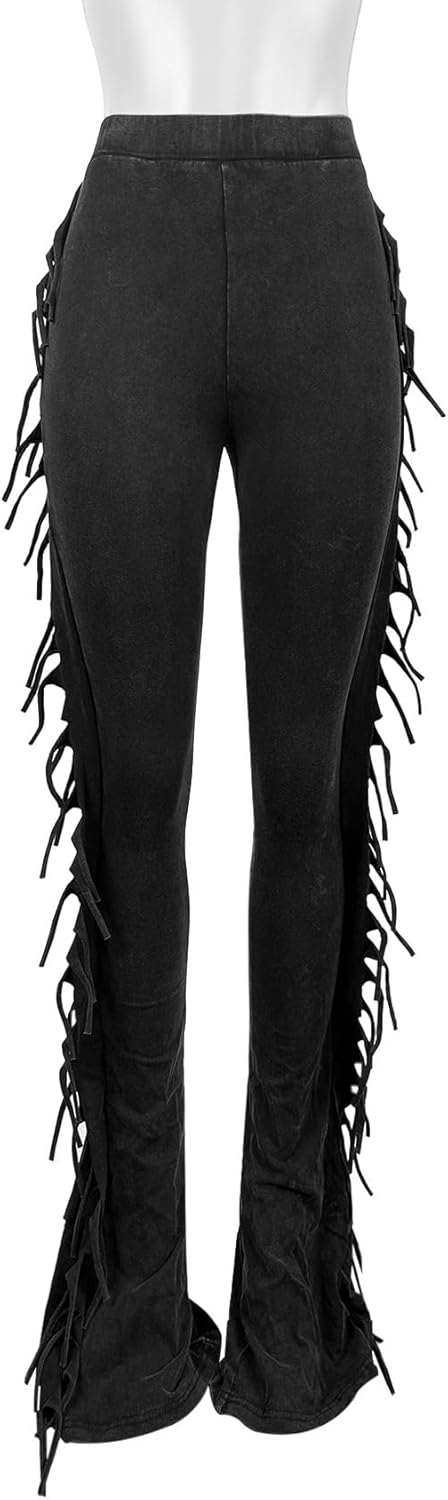 BOKITECAO Womens Mid Waist Fringed Cotton Pants