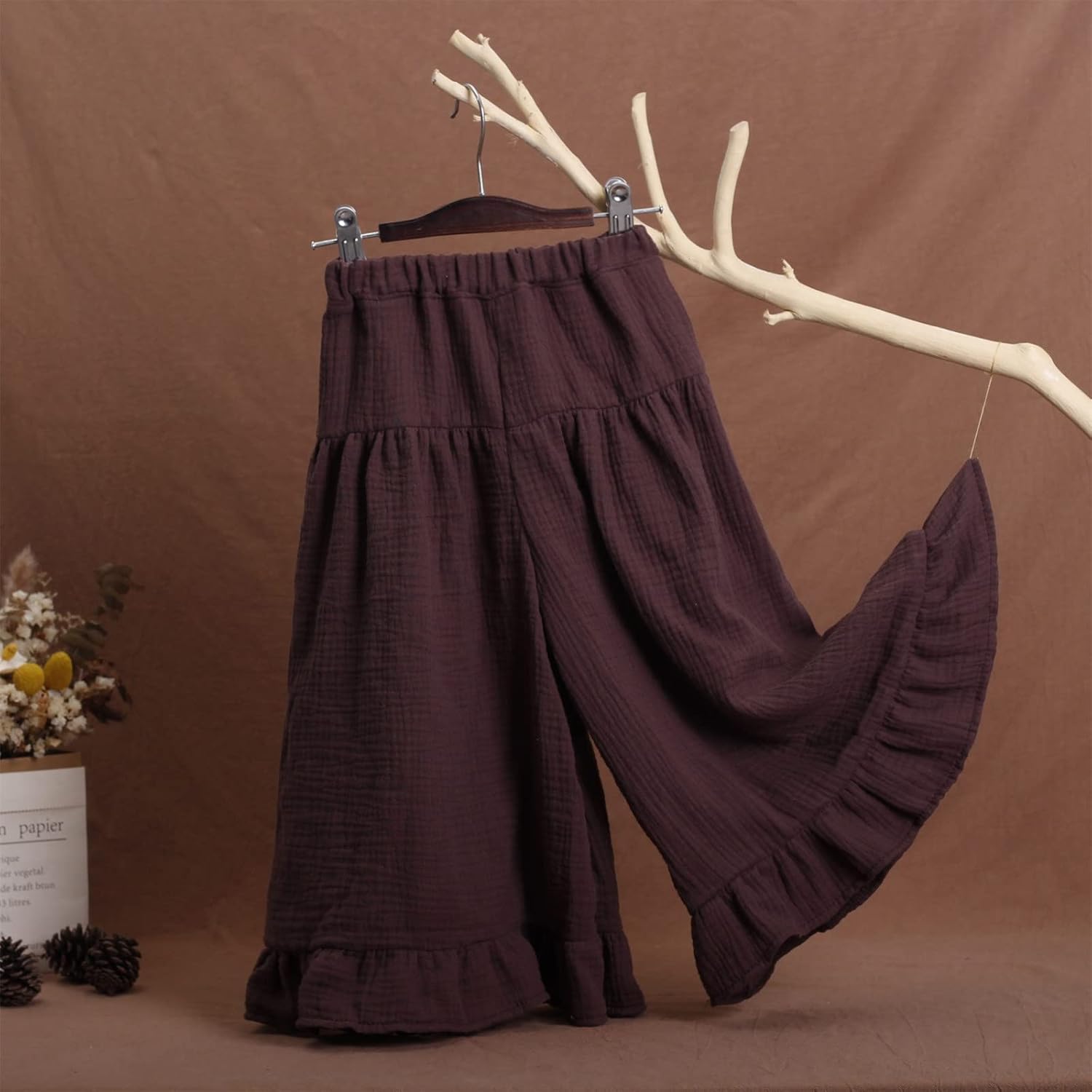 Cute Little Girls Flowy Wide Leg Linen Pants with Ruffled Trousers Elastic Waist