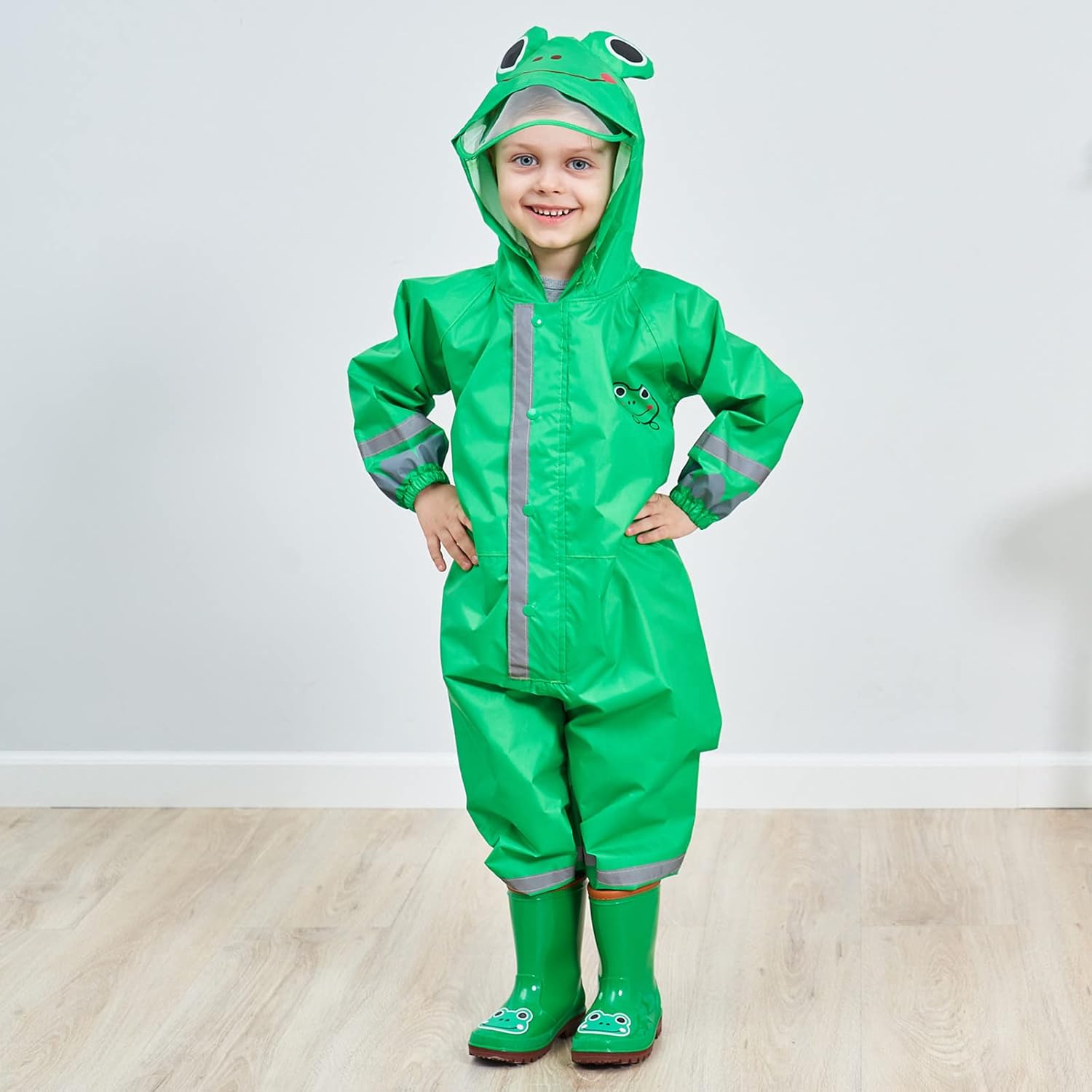 HovkibPerfect Toddler Raincoat Wet Weather Coverall for Kids Waterproof Hooded Rainsuit