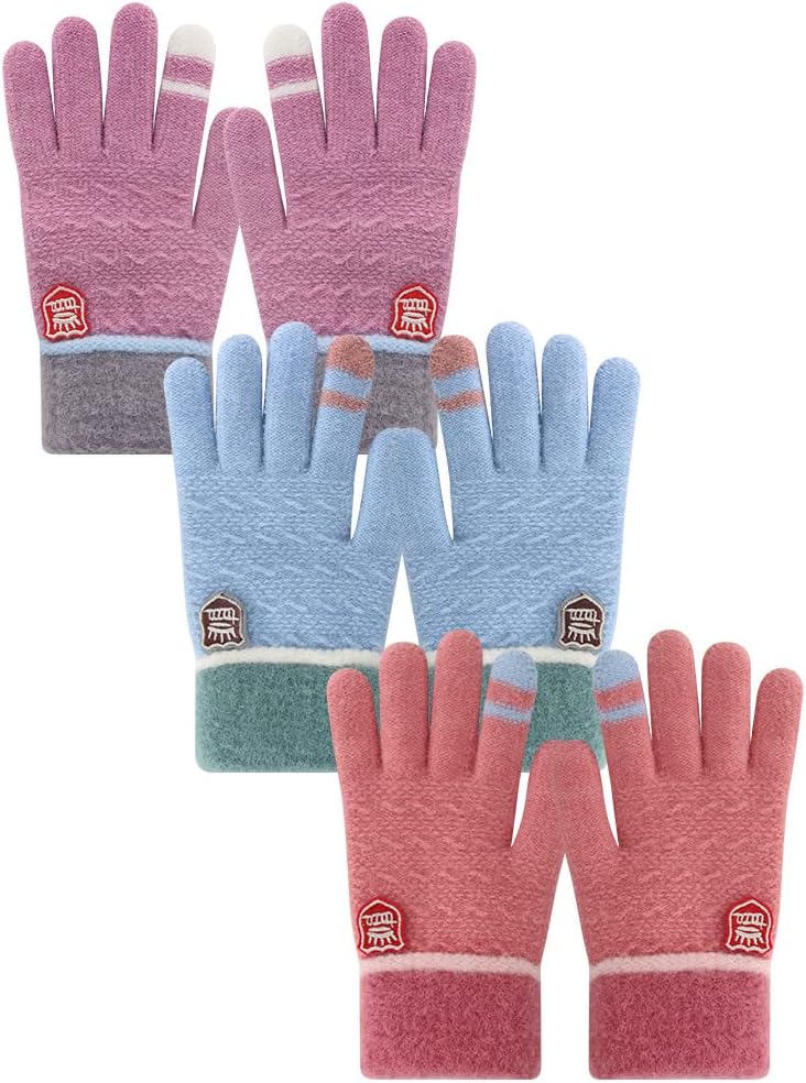 PKWEEN Toddler Winter Gloves - 3 Pairs Soft Wool Lined