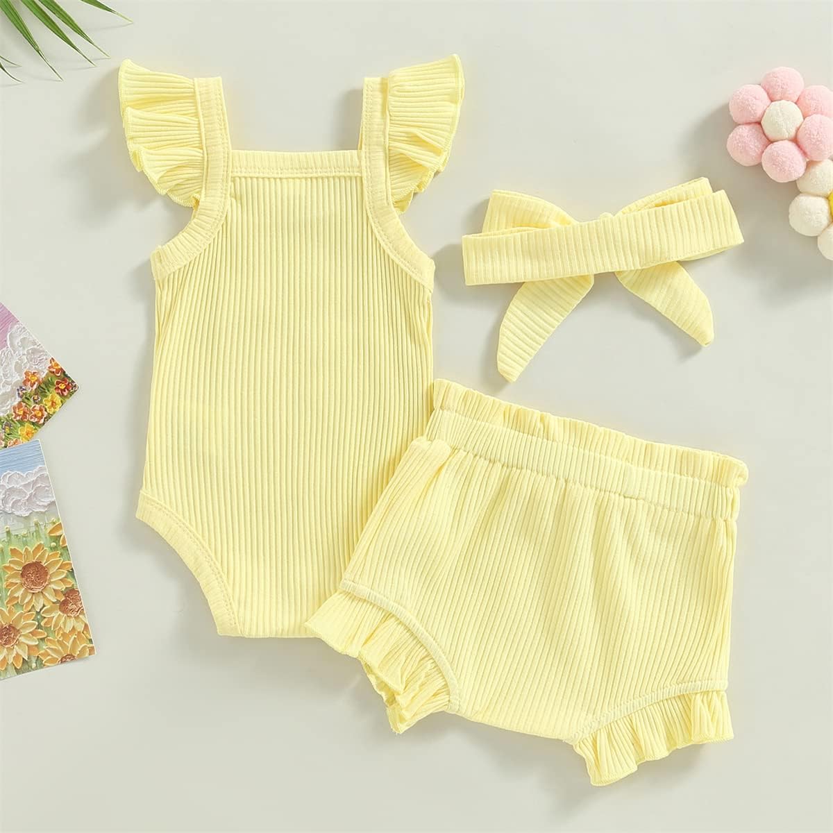 Merqwadd Baby Girl Summer Ruffle Outfit - Cute Projections Top Shorts with Headband