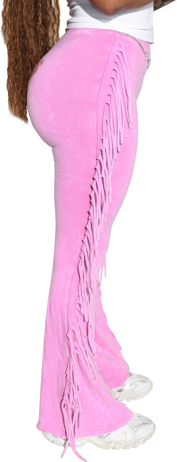 BOKITECAO Womens Mid Waist Fringed Cotton Pants