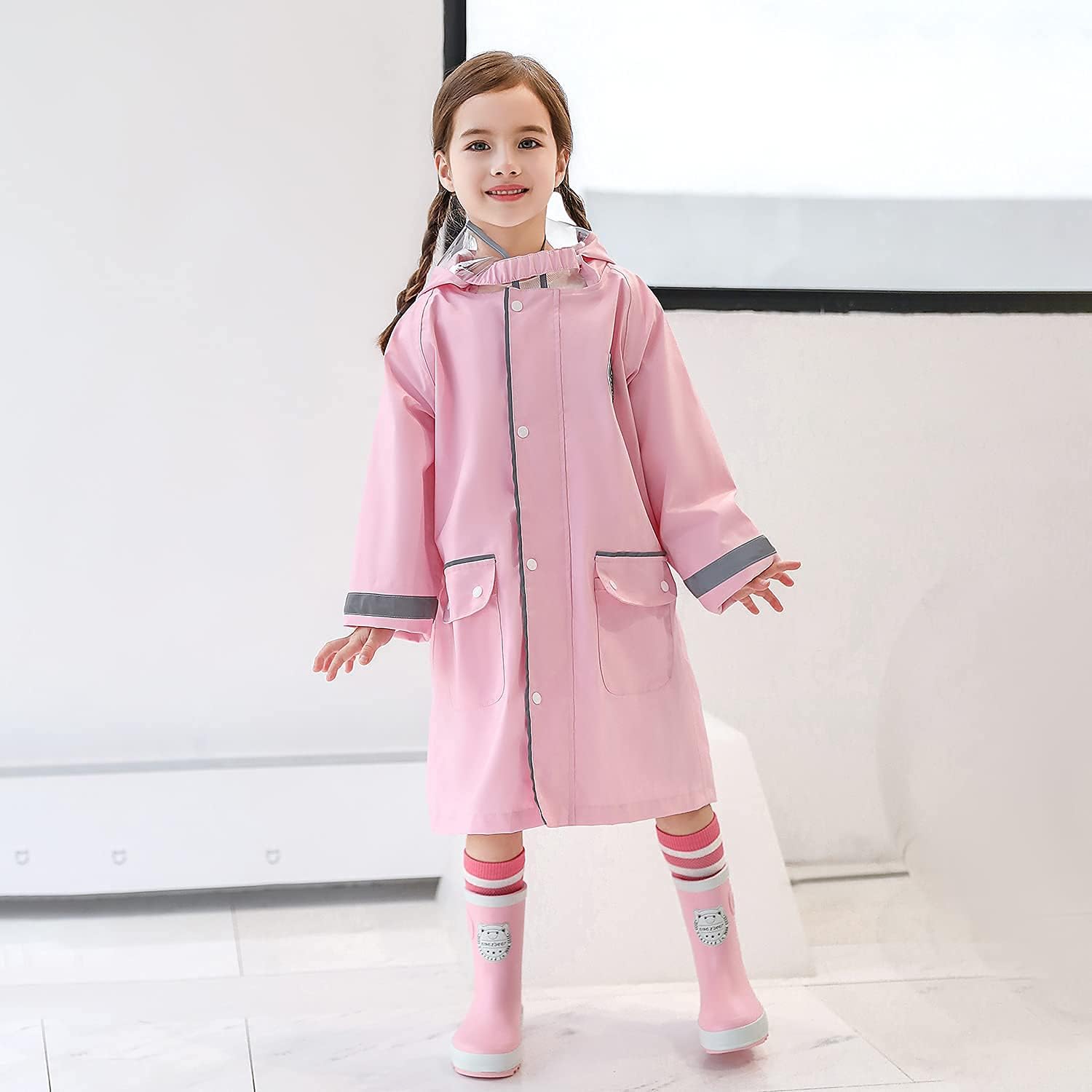 Kids Rain Jacket with Reflective Strips and Double Button Design
