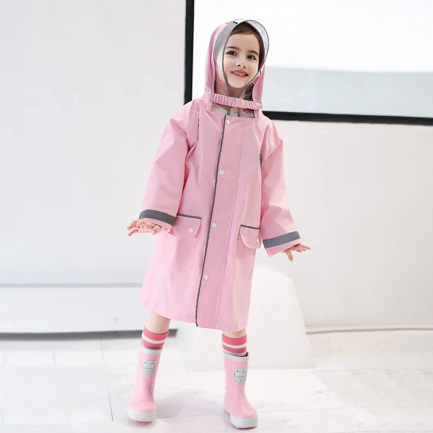 Kids Rain Jacket with Reflective Strips and Double Button Design