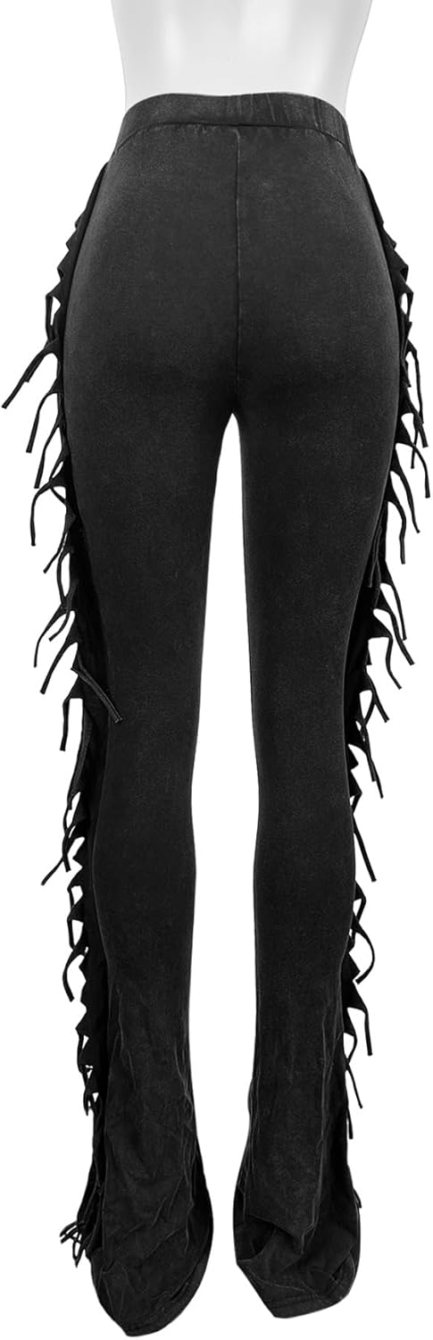 BOKITECAO Womens Mid Waist Fringed Cotton Pants
