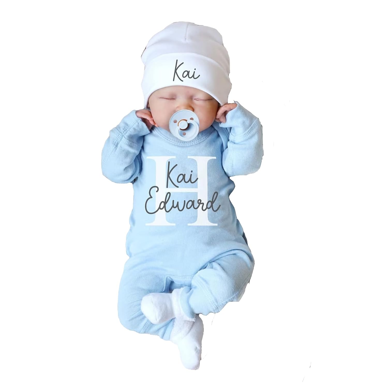 Custom Personalized Newborn Baby Romper Set with Monogrammed Hat and Sleeper