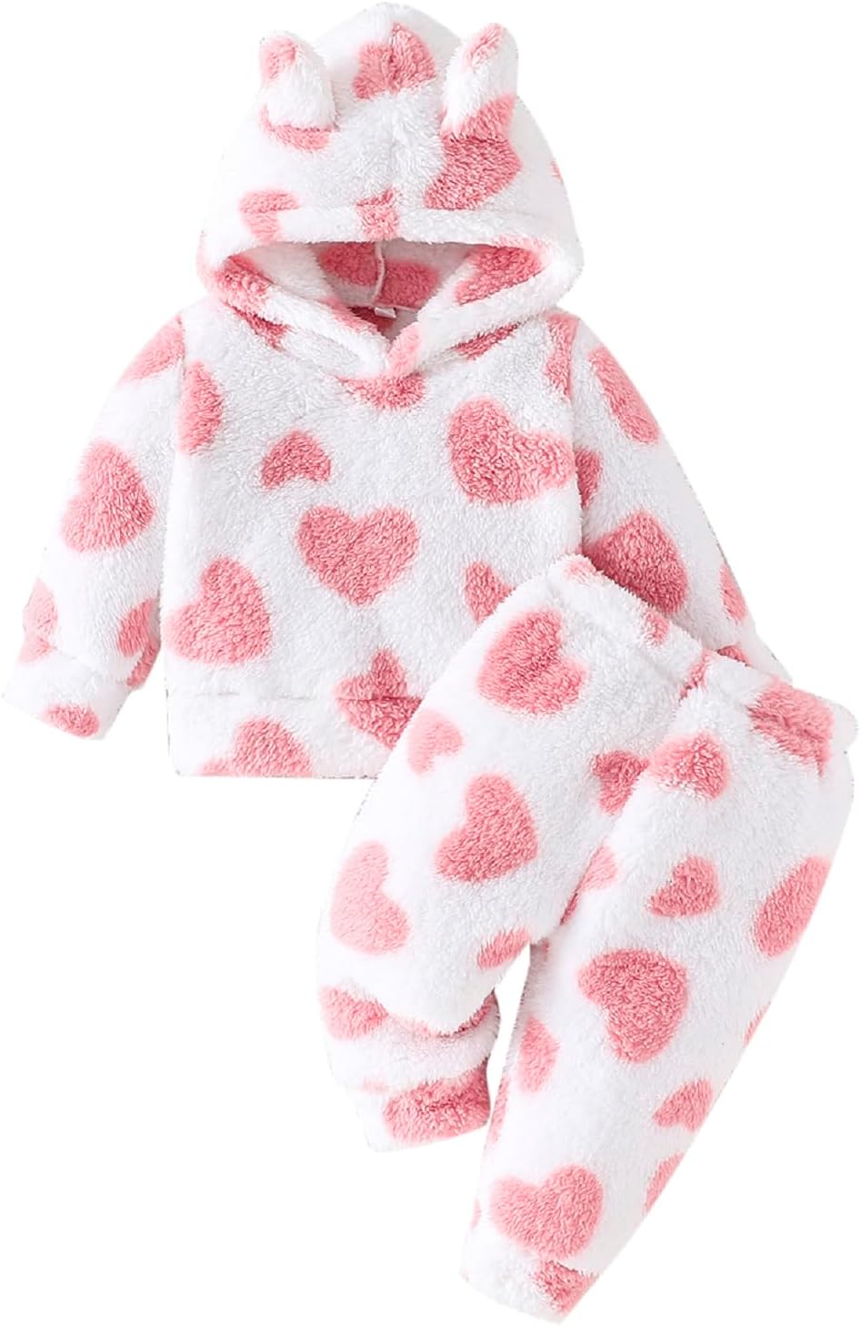 Adorable Heart Print Fleece Tracksuit Set for Toddler Girls