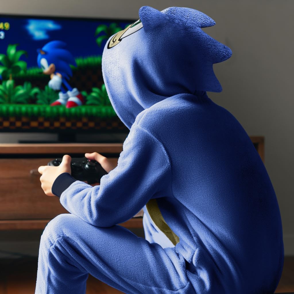 Sonic The Hedgehog Boys Kids Pajama Onesie - Long Sleeve Zip Up Hooded Sleep Robe