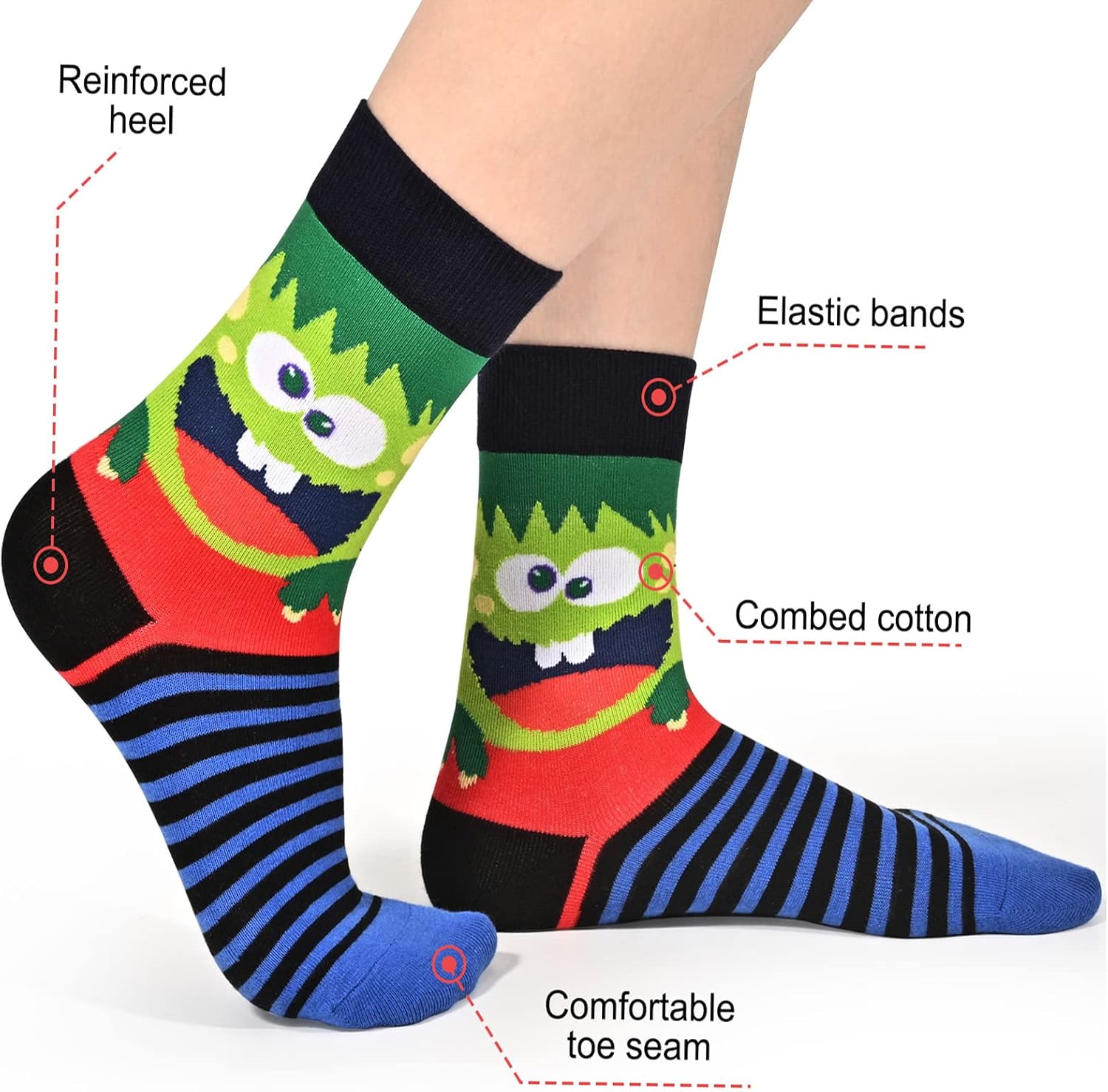 Funny Monster Crew Socks 6 Pair Gift Box for Kids Teens