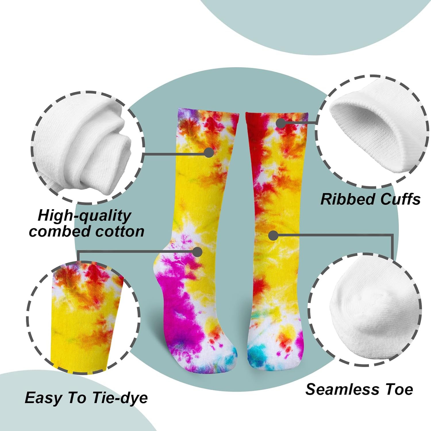 12 Pairs Tie-Dye Cotton Socks for Teens knee high soft durable