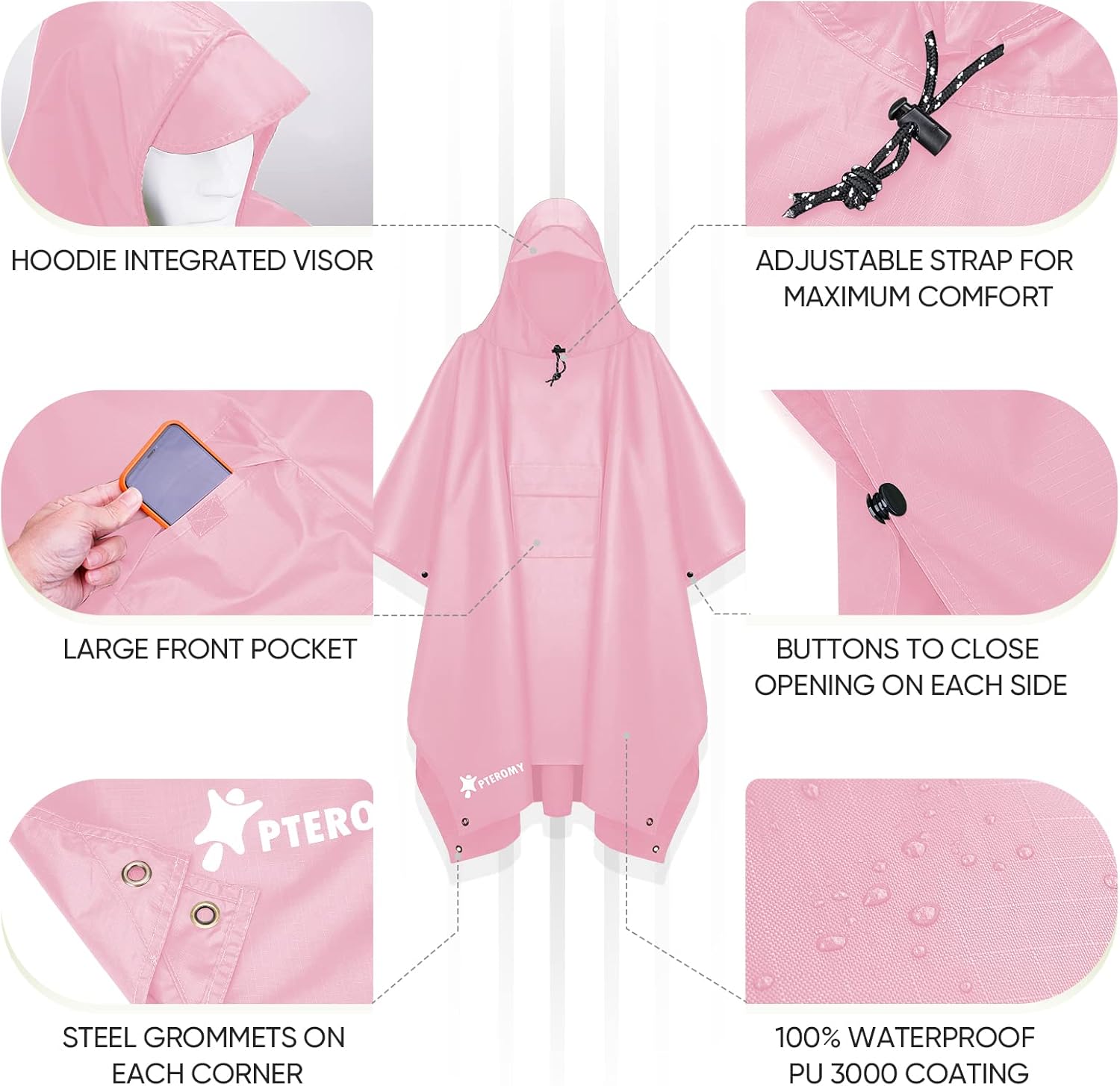 PTEROMY - Waterproof Lightweight Lofted Unisex Rain Poncho for Hiking