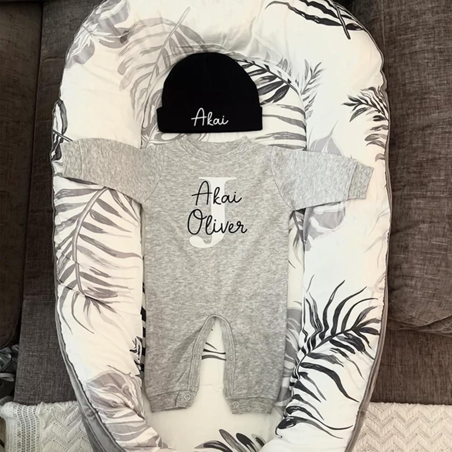 Custom Personalized Newborn Baby Romper Set with Monogrammed Hat and Sleeper