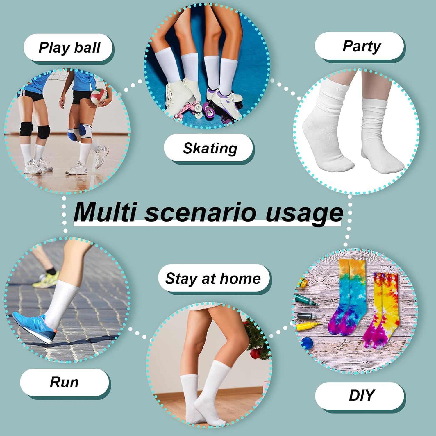 12 Pairs Tie-Dye Cotton Socks for Teens knee high soft durable