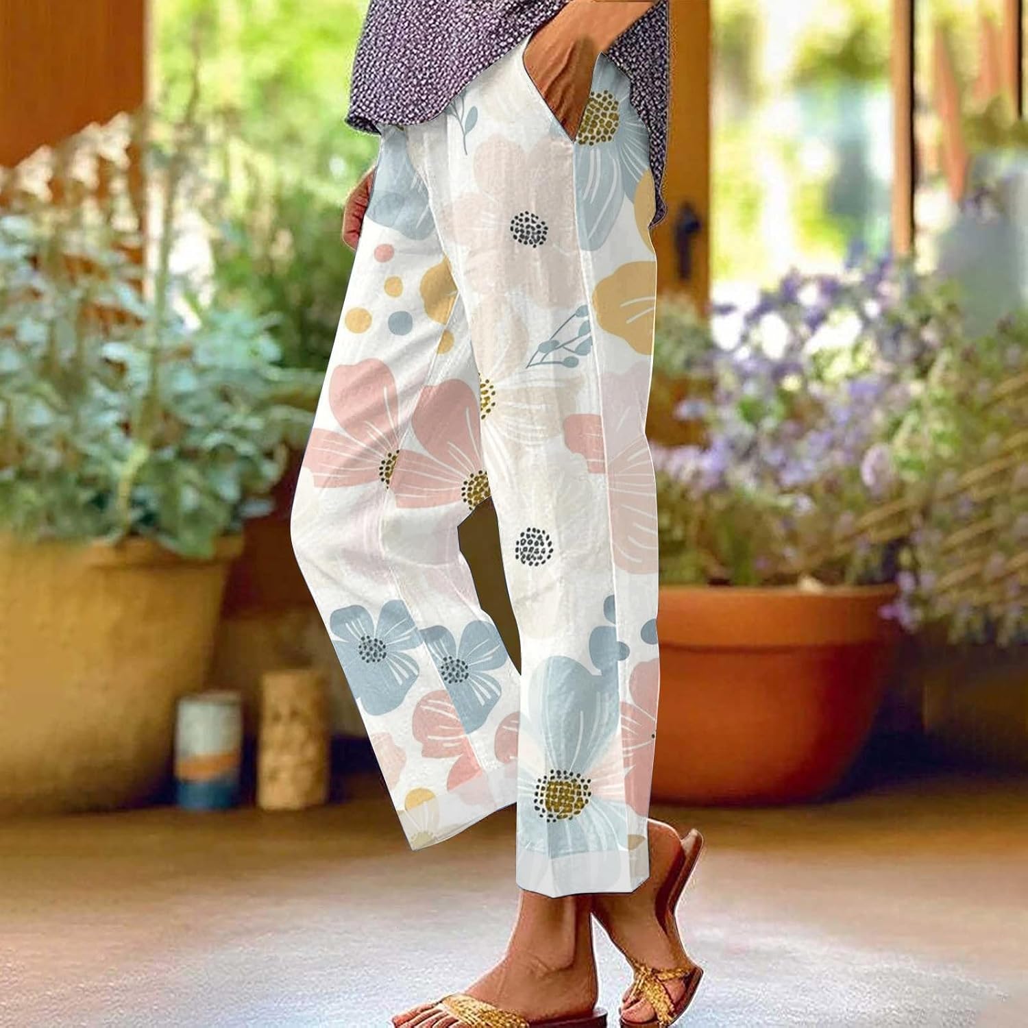 Womens Lightweight Linen Drawstring Lounge Pants