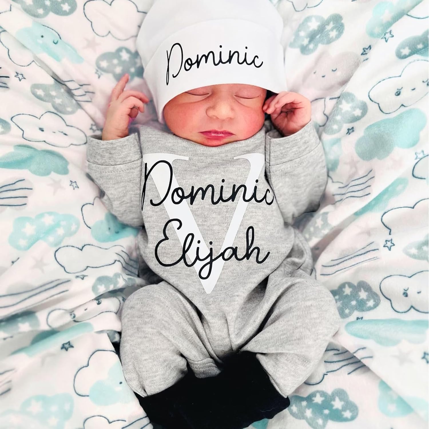 Custom Personalized Newborn Baby Romper Set with Monogrammed Hat and Sleeper