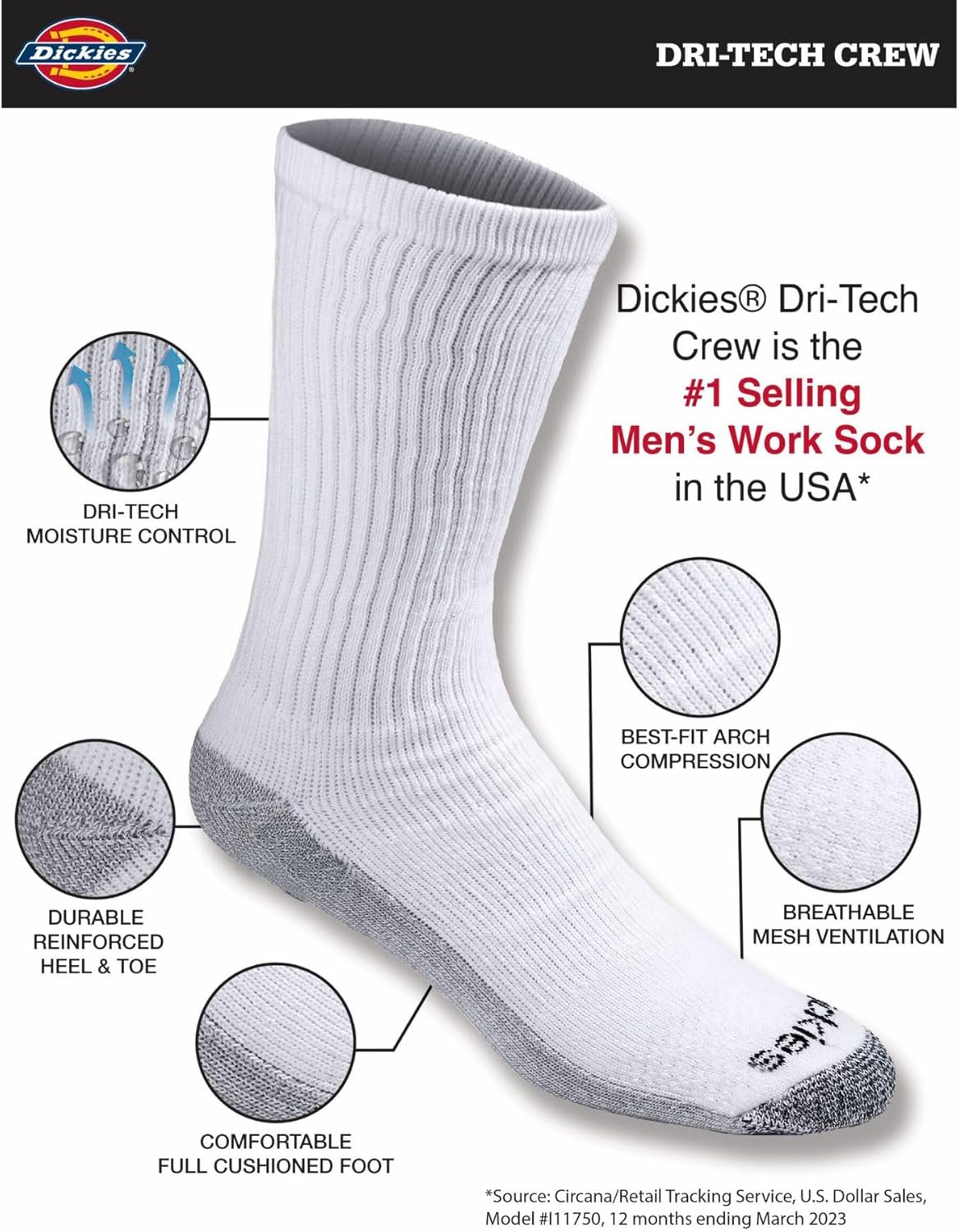 Dickies Mens Dri-Tech Crew Socks 6-12-18 Pairs 1