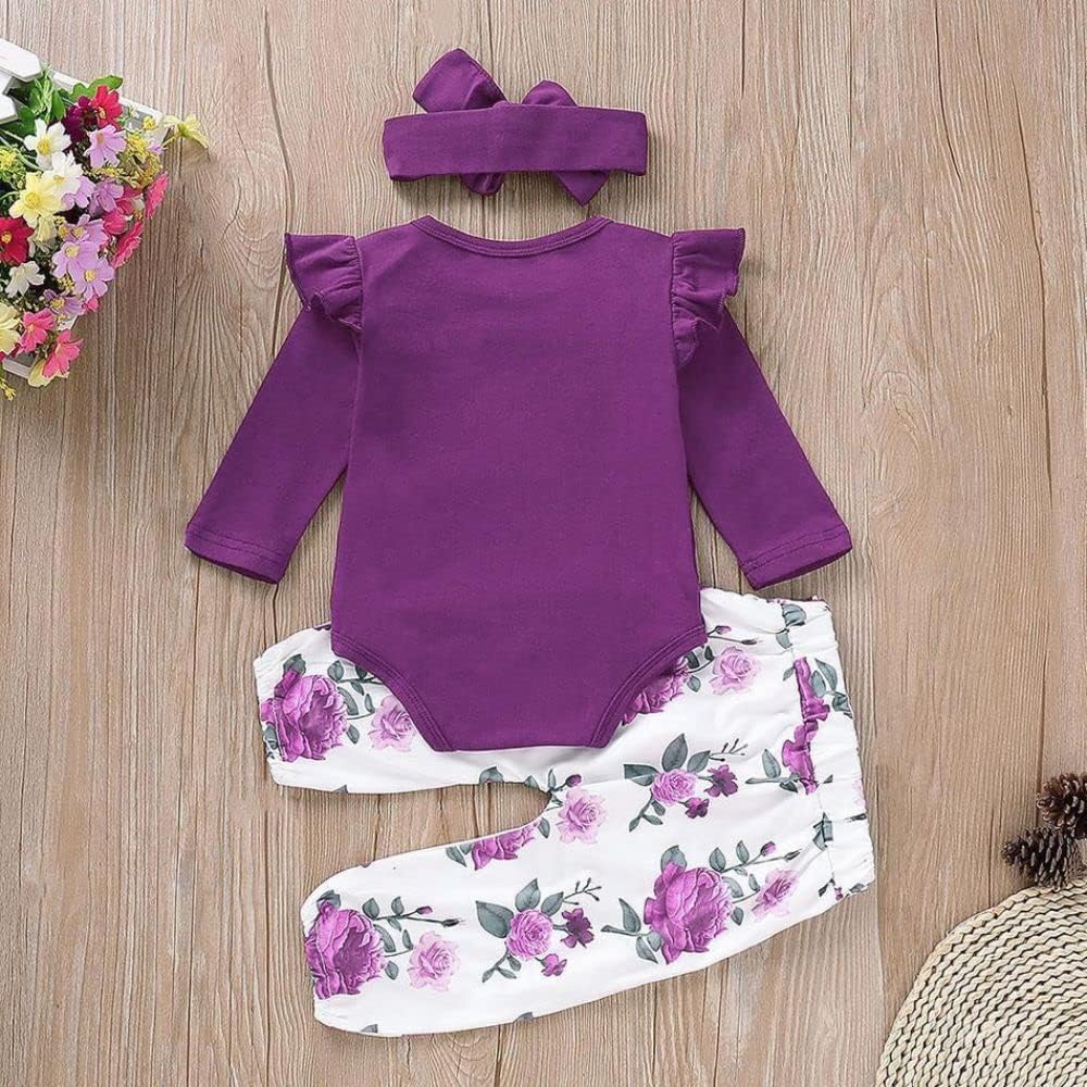 Aoswep Newborn Baby Girl Ruffle Romper Set with Floral Pants and Headband