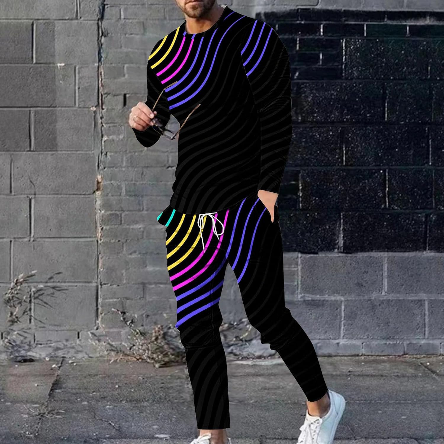 Warm Cozy Mens Stripped Casual Tracksuit Set