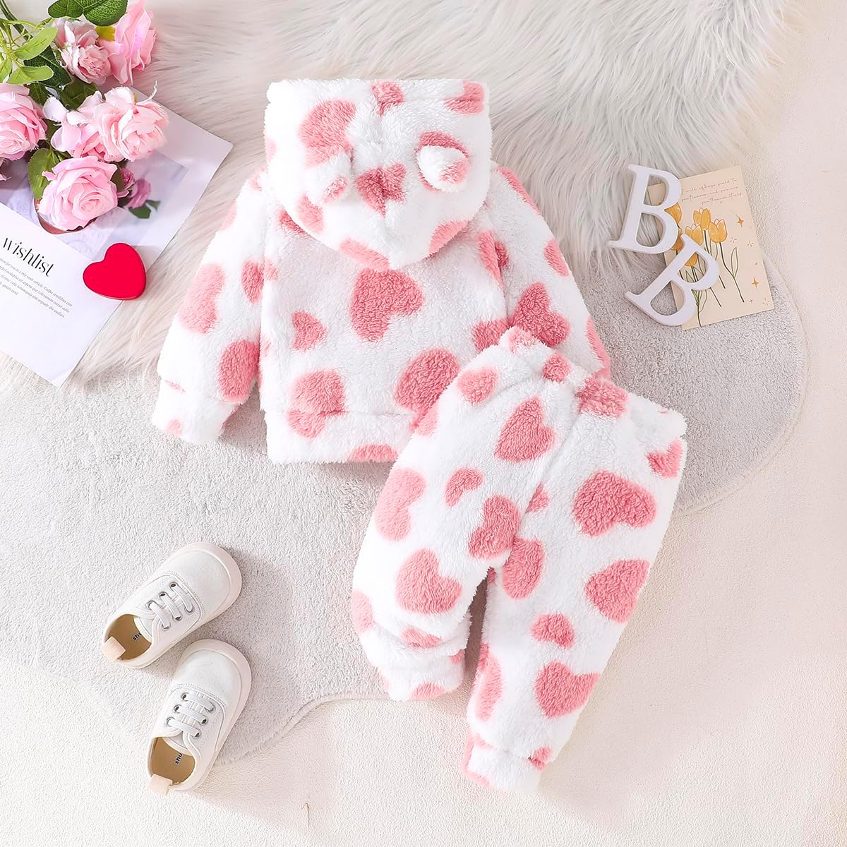 Adorable Heart Print Fleece Tracksuit Set for Toddler Girls
