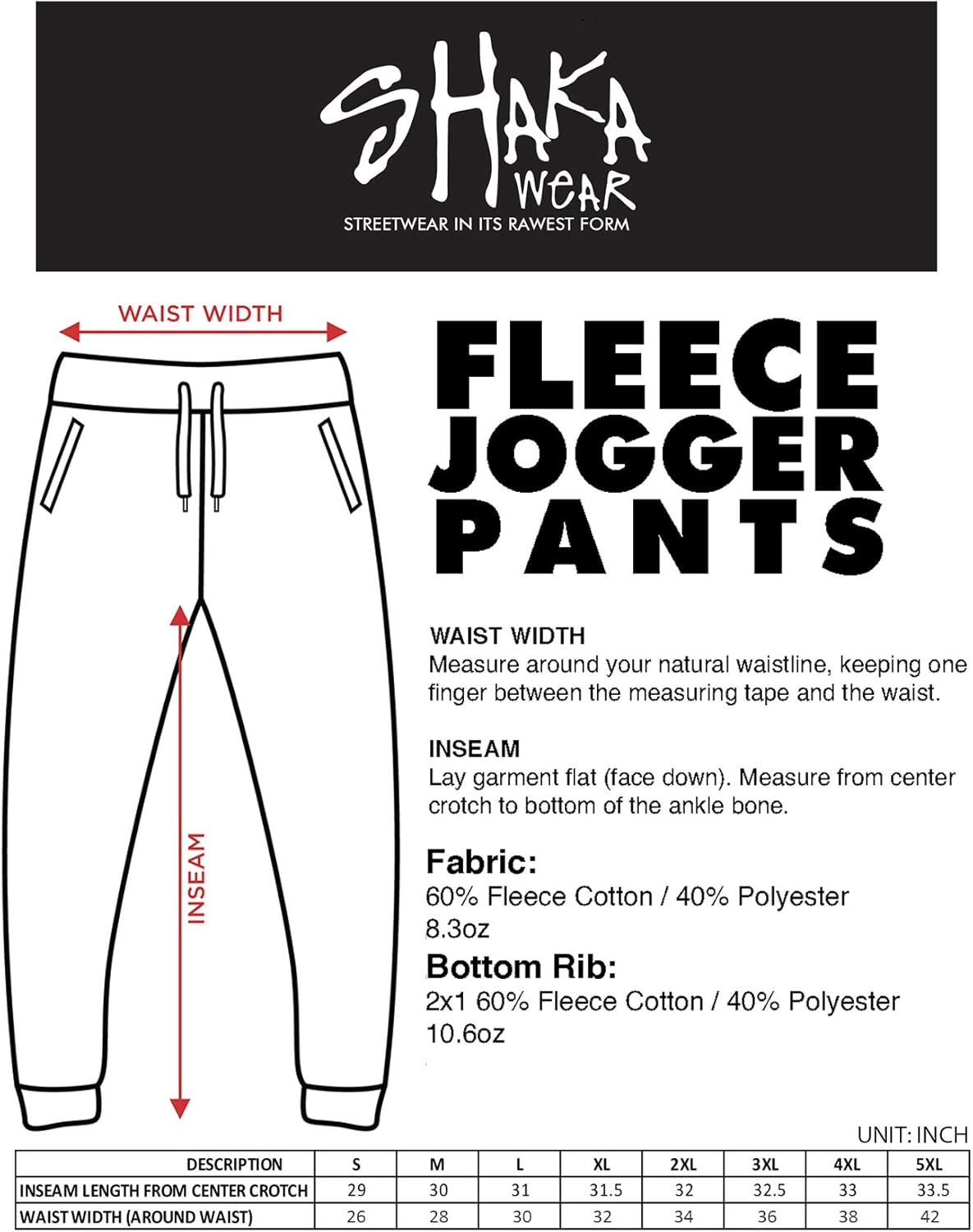 Shaka Wear Mens Fleece Joggers Sweatpants S5XL