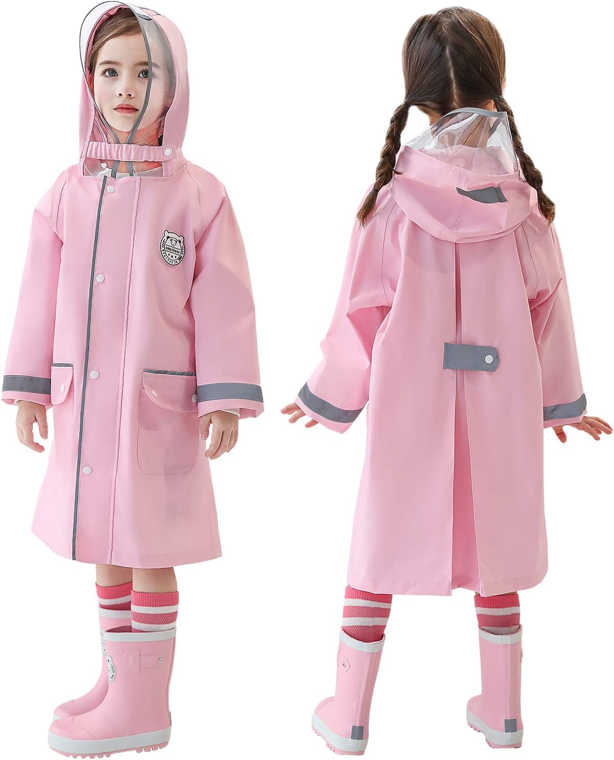 Kids Rain Jacket with Reflective Strips and Double Button Design