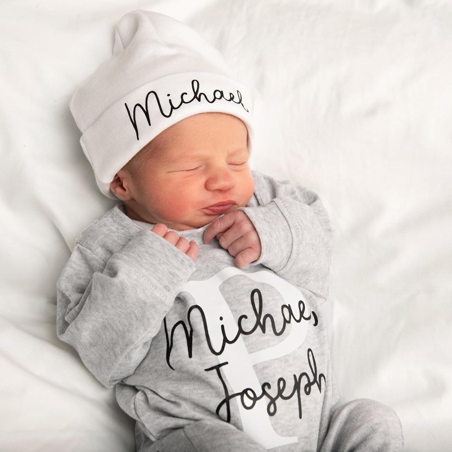 Custom Personalized Newborn Baby Romper Set with Monogrammed Hat and Sleeper