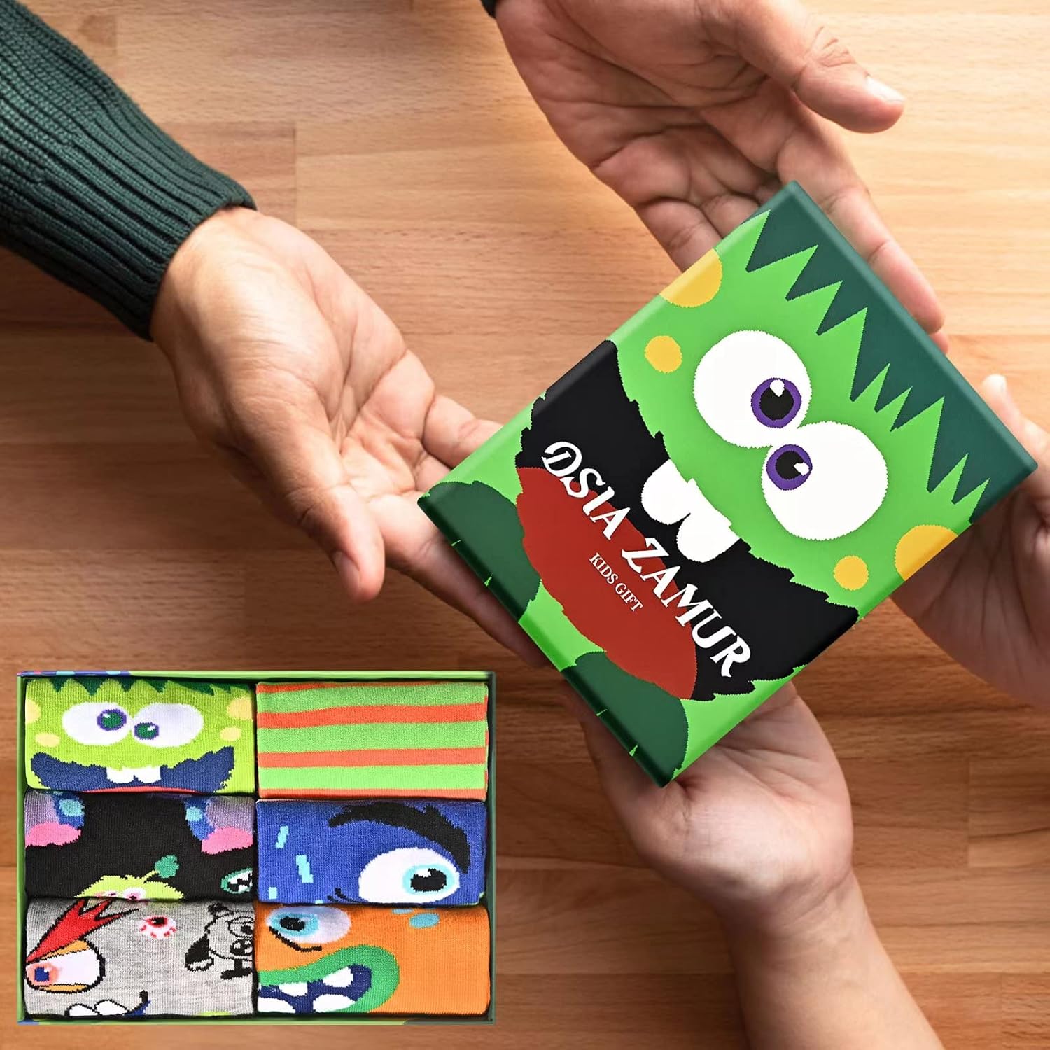 Funny Monster Crew Socks 6 Pair Gift Box for Kids Teens