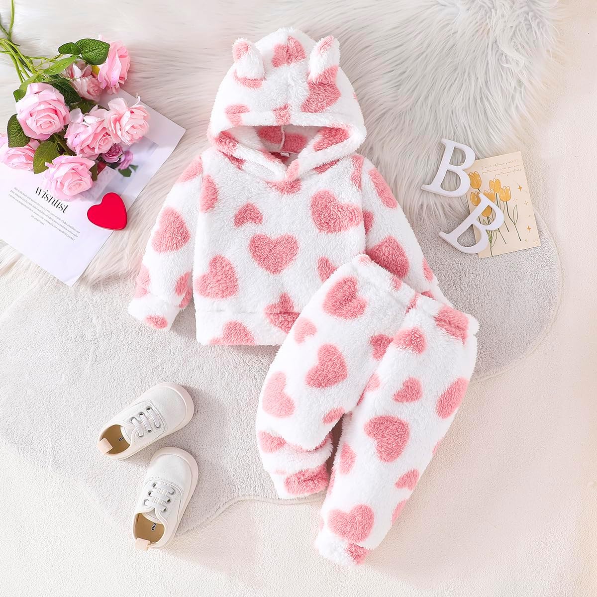 Adorable Heart Print Fleece Tracksuit Set for Toddler Girls