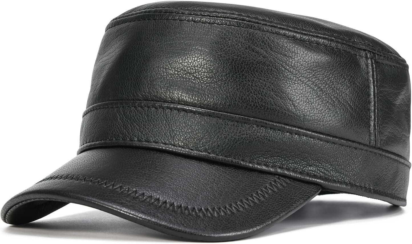 Leather Cadet Army Cap Flat-Top Newsboy Cap for Men