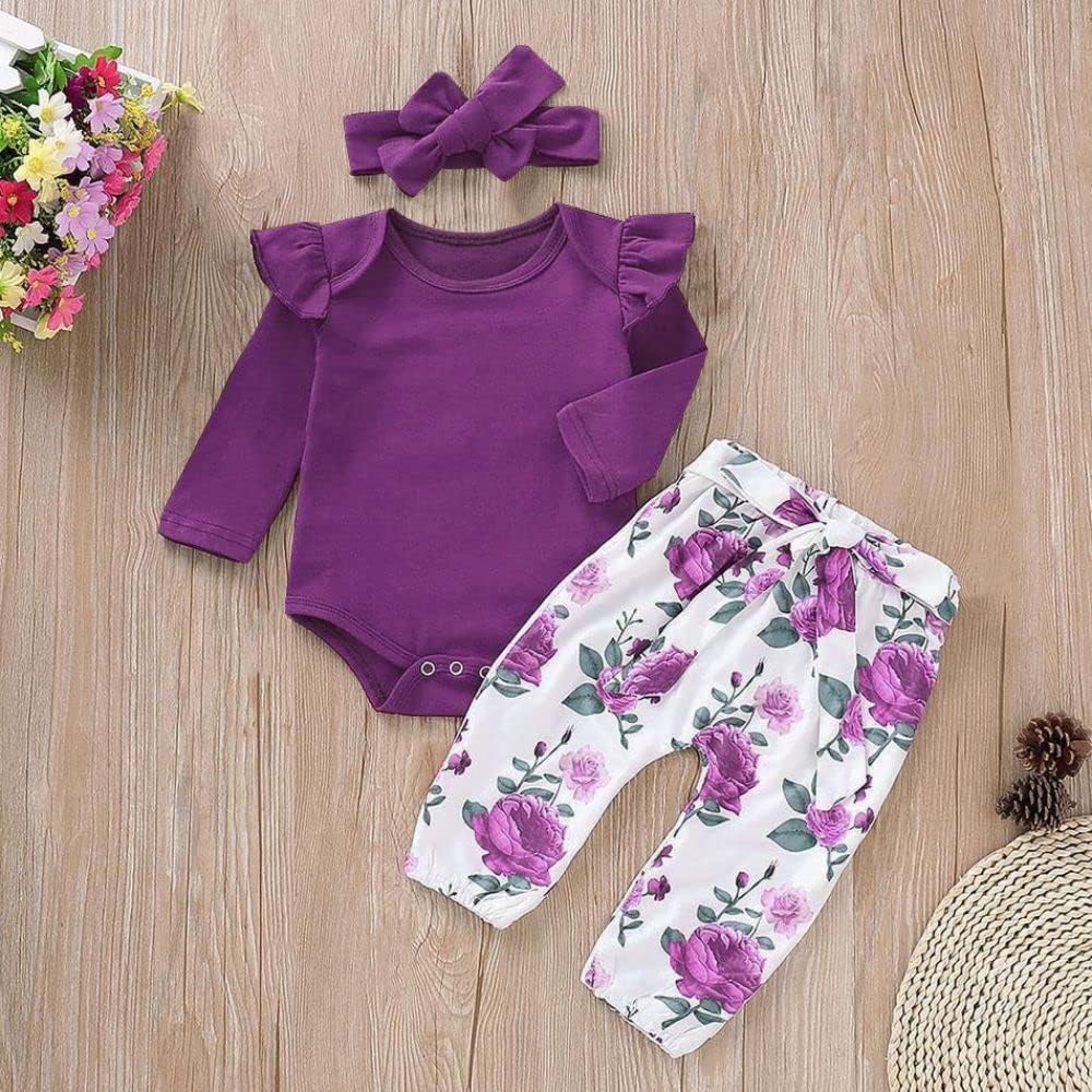 Aoswep Newborn Baby Girl Ruffle Romper Set with Floral Pants and Headband