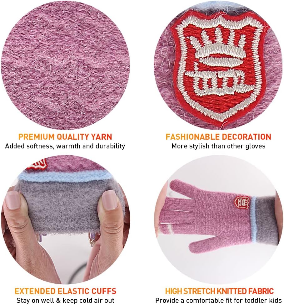PKWEEN Toddler Winter Gloves - 3 Pairs Soft Wool Lined