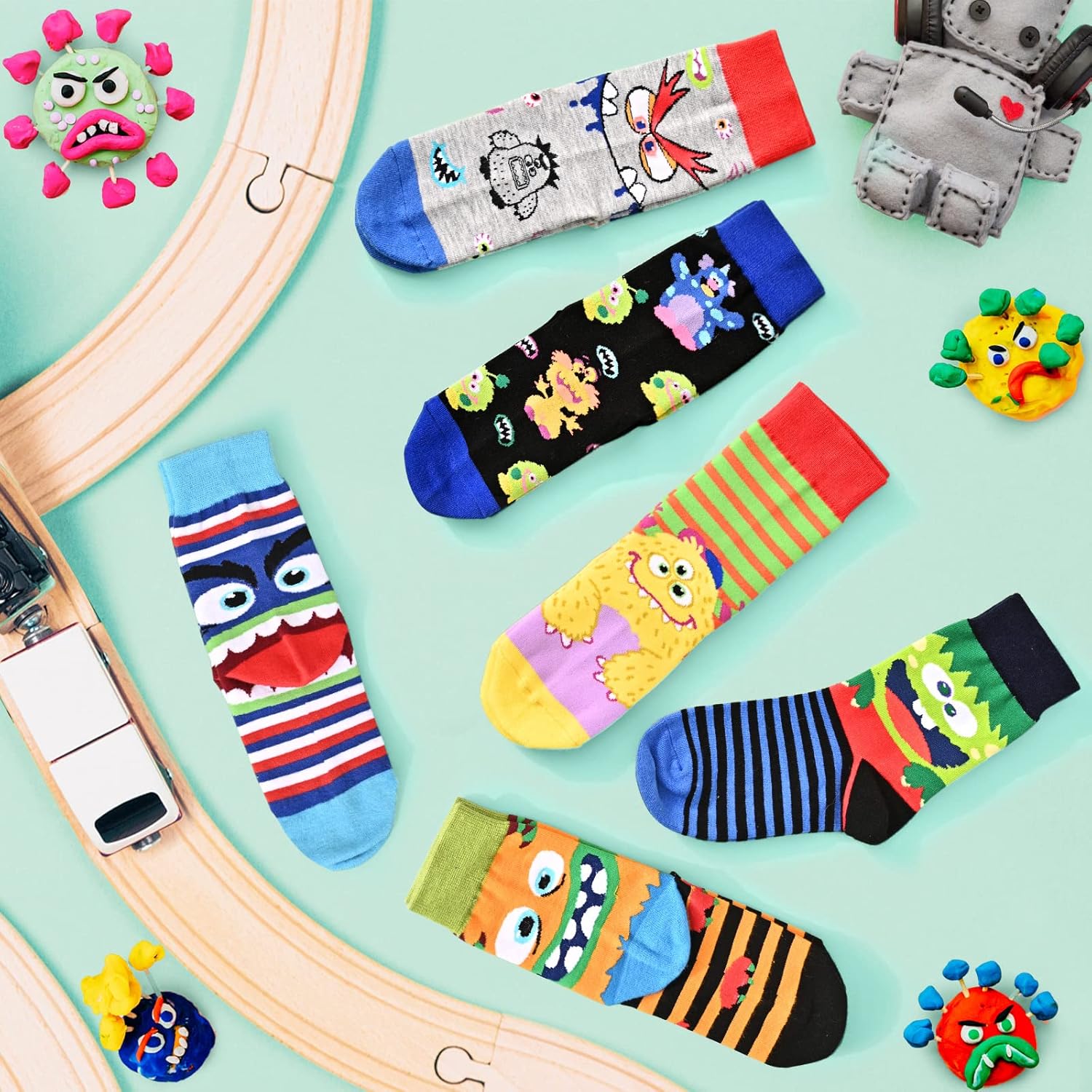 Funny Monster Crew Socks 6 Pair Gift Box for Kids Teens