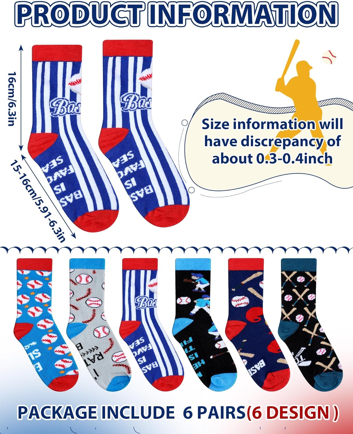 Haysandy 6-Pair Novelty Kids Baseball Socks Ages 8-12